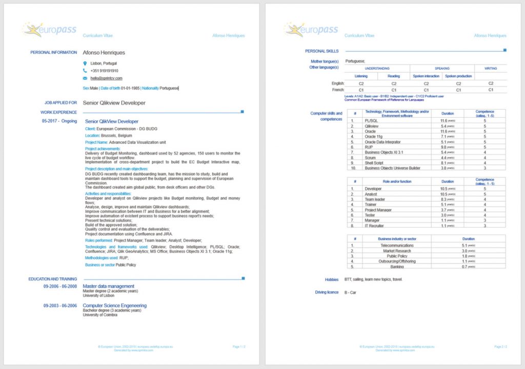 Europass CV example automatically generated by Sprint CV