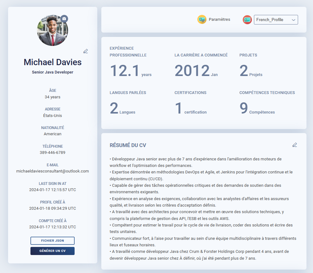 The consultant's profile translated into french.