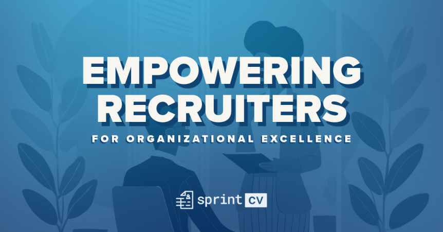 A text with the phrase "empowering recruiters" on a blue background, where recruiters are interacting.