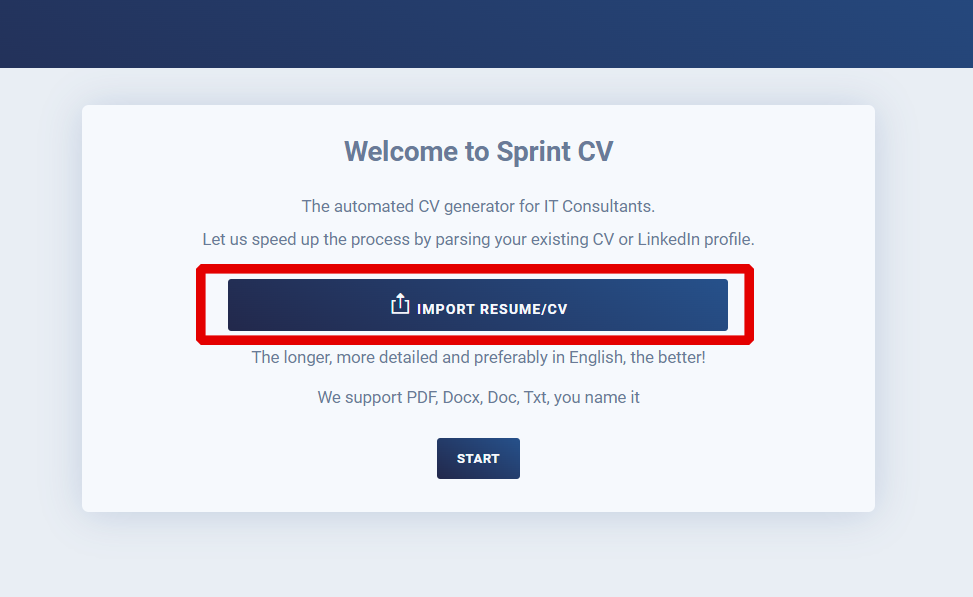 An image of Sprint CV's platform, highlighting the "Import CV" button. 