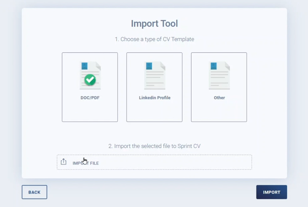 Sprint CV import tool, with the different types of file formats supported.