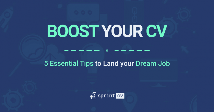 The text Boost your CV over a blue background with tech icons and the logo of Sprint CV