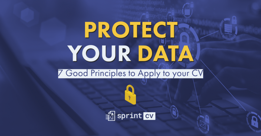 A blue image with a computer representing data protection, with an yellow title saying "Protect your Data", and the Sprint CV logo.