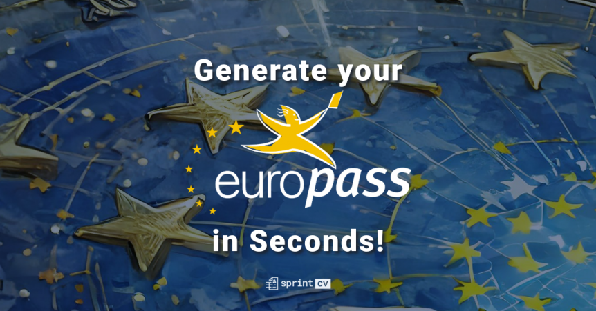 An image with the text "Generate your Europass in Seconds", with a background representative of the European Union, and the Sprint CV logo.