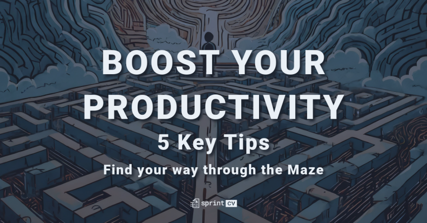 An image of a maze, with a subject standing at the end of it. The phrase "Boost Your Productivity - Key tips to find your way through the Maze" completes the design, along with Sprint CV logo.