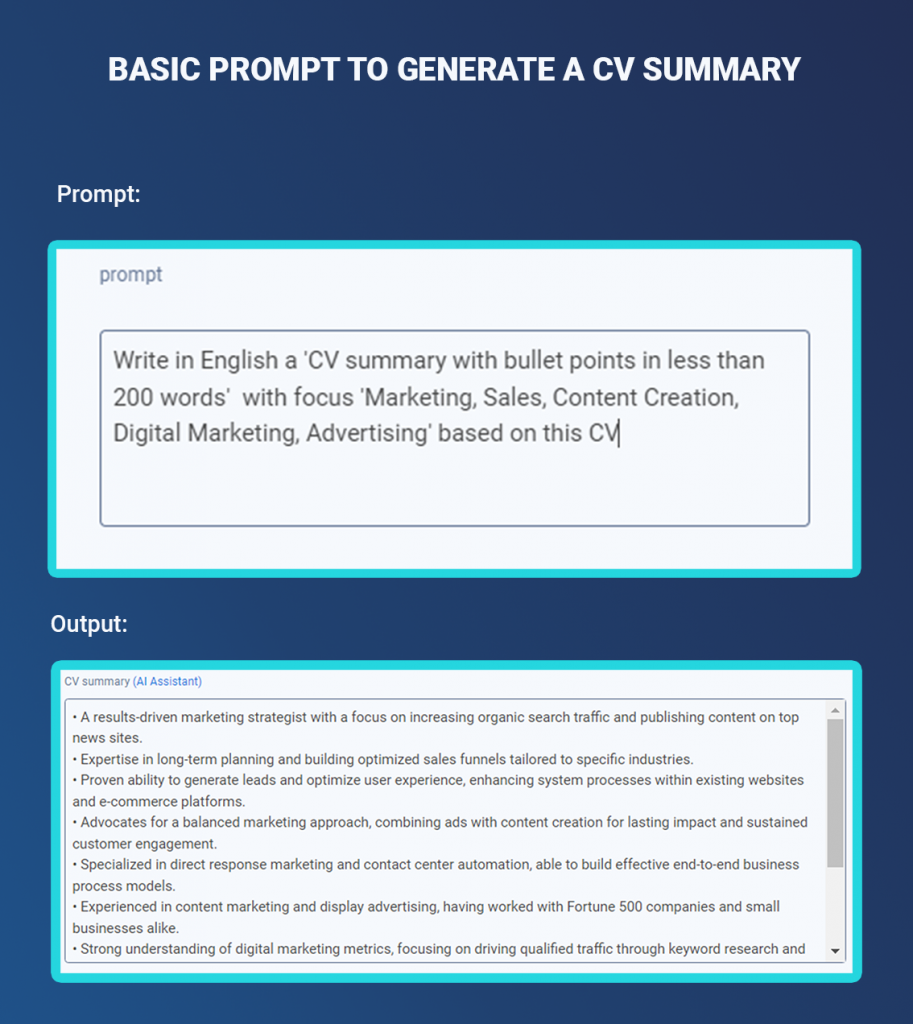 A basic AI CV Assistant prompts to generate a CV summary, and the consequent result.