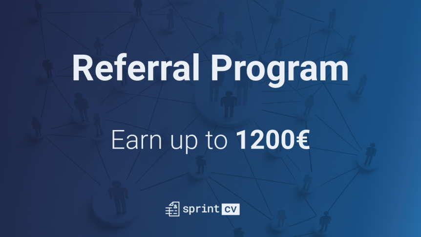 A blue background with networking design elements, under the title "Referral Program - Earn up to 1200€", accompanied by the Sprint CV logo.