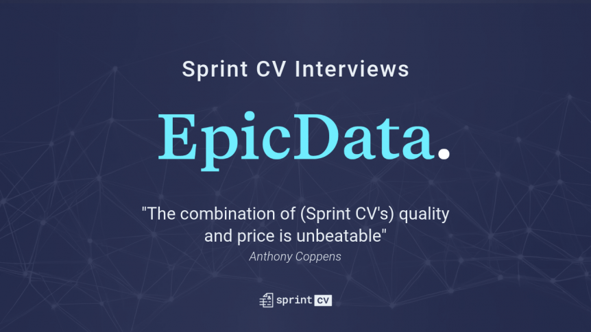 An image in a blue background with the text "Sprint CV Interviews: Epic Data", a quotation and the Sprint CV logo.