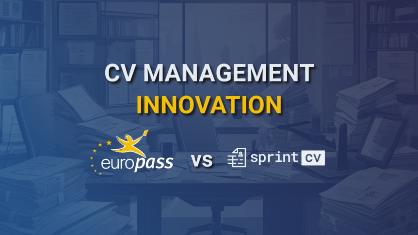 An image with a blue background, consisting of a typewriter in a CV management office setting, with the title "CV Management Inovation", accompanied by Europass and Sprint CV's logos.