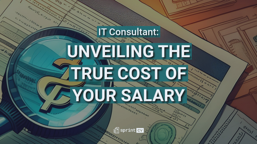 A background with a magnifying glass hovering on a paper with income, with the text "IT Consultant: unveiling the true cost of your salary", accompanied by the Sprint CV logo.