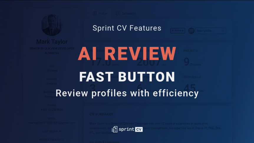 An image with a blue gradient background, over a screenshot of Sprint CV's platform, with the text "Sprint CV Features", the title "AI Review Fast Button", the subtitle "review profiles with efficiency", and Sprint CV's logo.